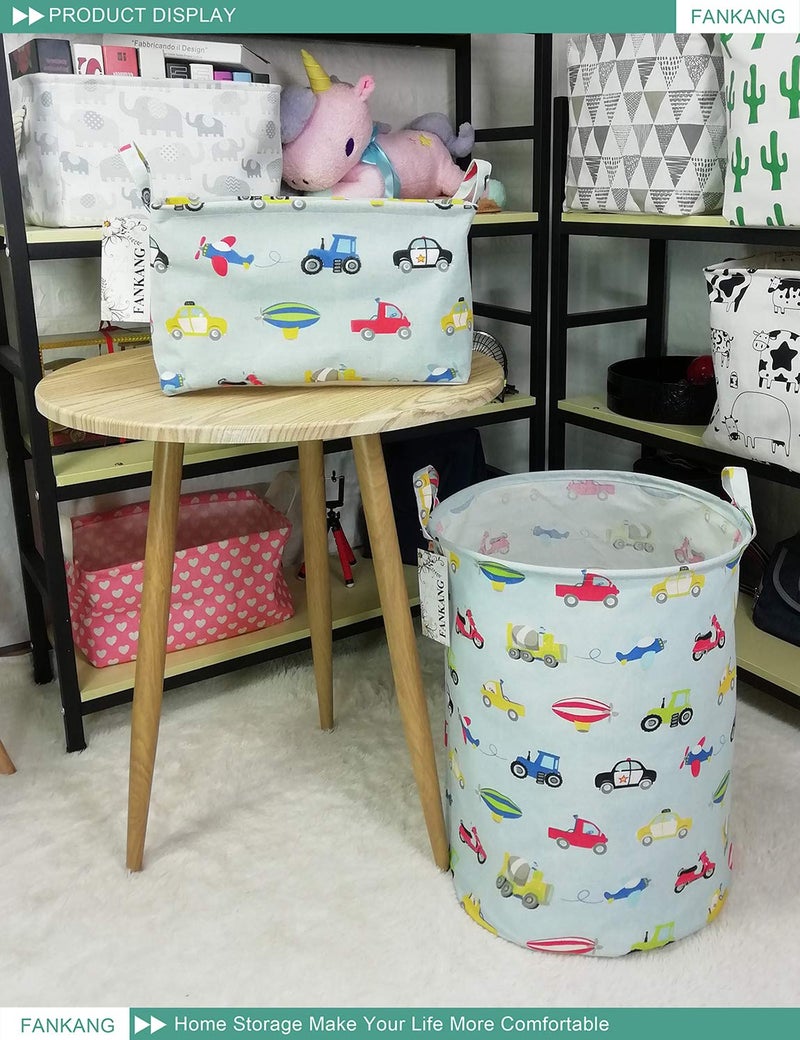 FANKANG Storage Basket, Nursery Hamper Canvas Laundry Basket Foldable with Waterproof PE Coating Large Storage Baskets for Kids Boys and Girls, Office, Bedroom, Clothes,Toysï¼ˆCarï¼‰ - Image 3